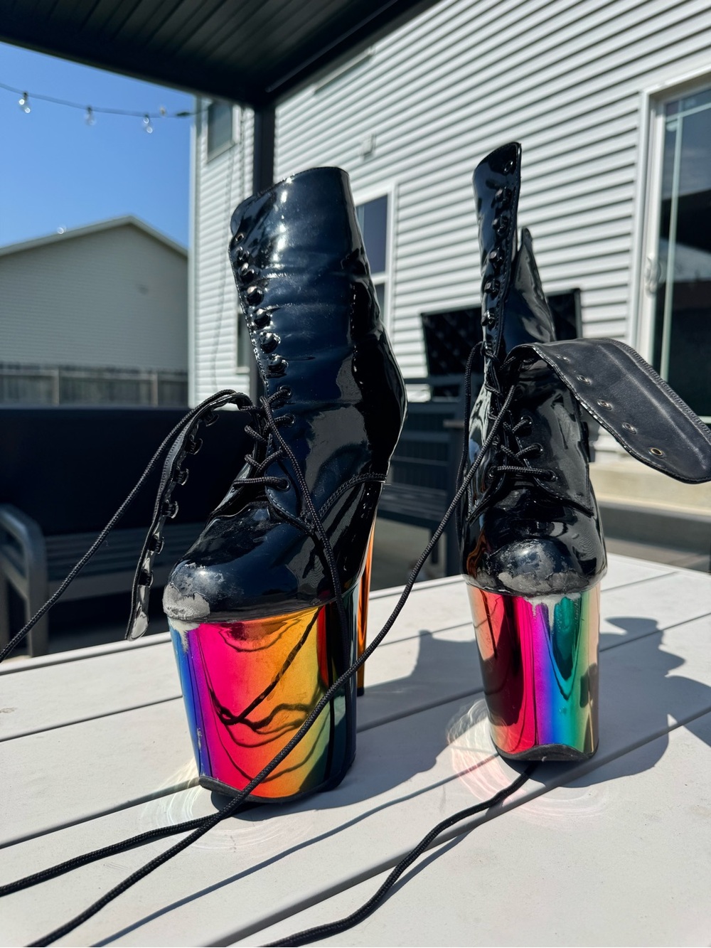 Pleaser Black Patent Lace-Up Platform Heels with Rainbow Mirror Platform
